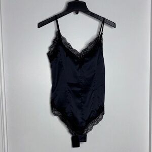 Zara Navy Satin and Black Lace Bodysuit